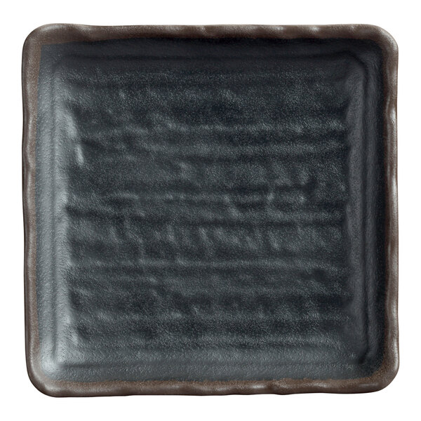 A Delfin Greystone from Steelite International square black melamine plate with a brown border.