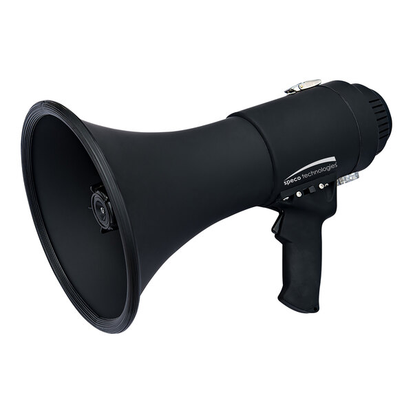 A matte black Speco Technologies deluxe megaphone with a handle.