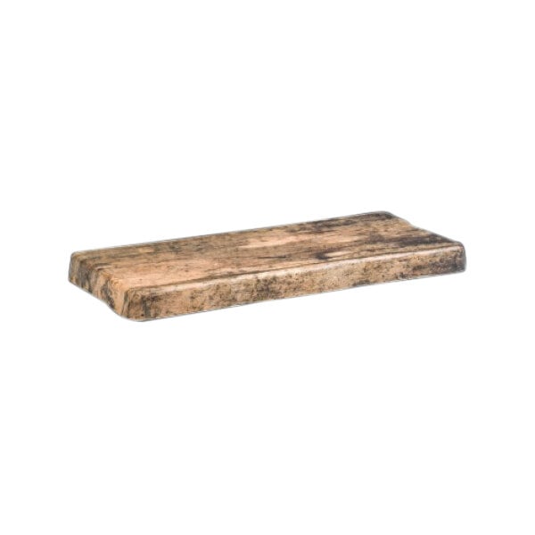 A Delfin faux wood melamine serving board with a brown wood finish.