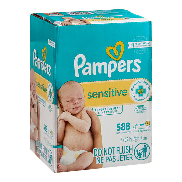 A case of 84 Pampers Sensitive unscented baby wipes.