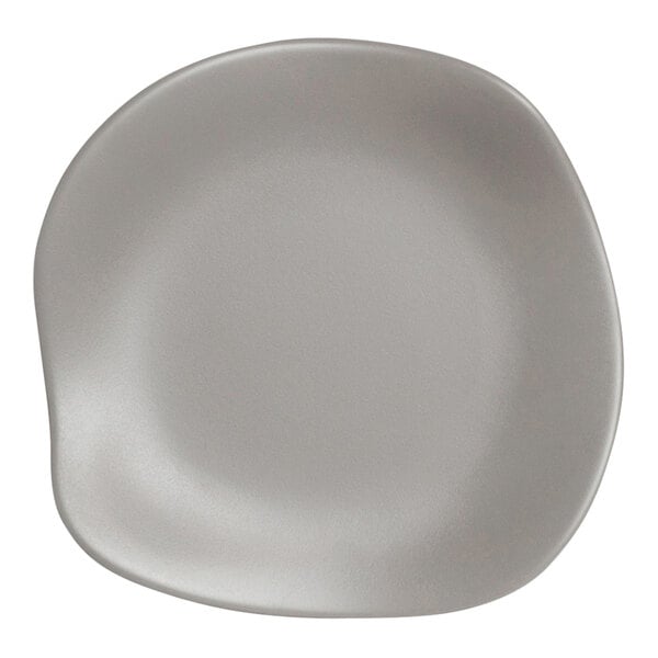 A white Delfin Marisol melamine plate with a curved gray rim.