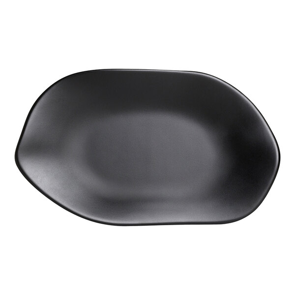 A black oval melamine platter with curved edges.