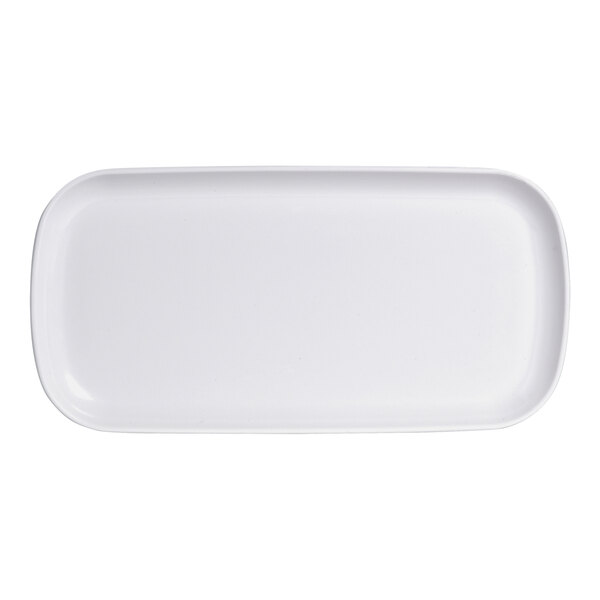 A white rectangular Delfin melamine serving tray with a white border.