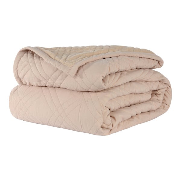 A stack of beige Berkshire Hospitality CozyCare fitted coverlets.