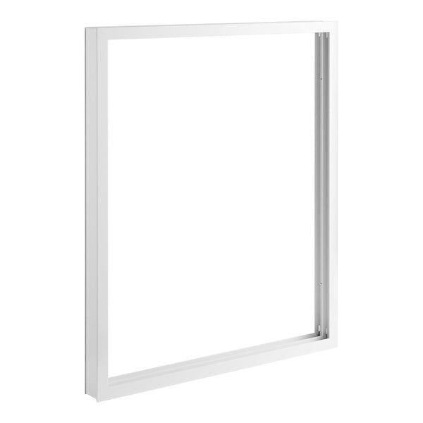 A white rectangular door frame with a window.