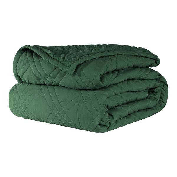 A stack of green Berkshire Hospitality CozyCare Classic twin size fitted coverlets.