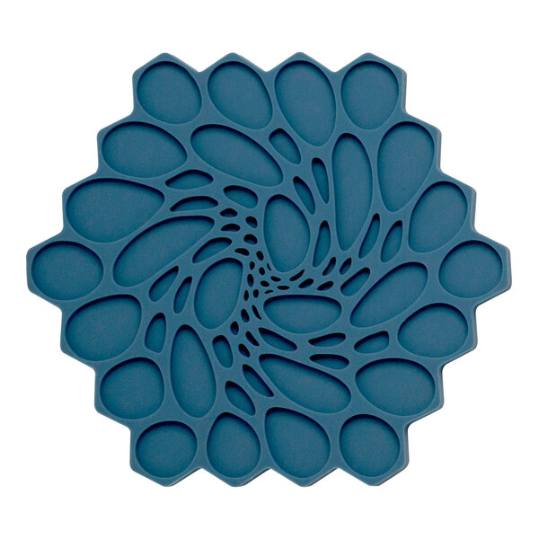 A blue hexagonal silicone trivet with a circle design and holes.