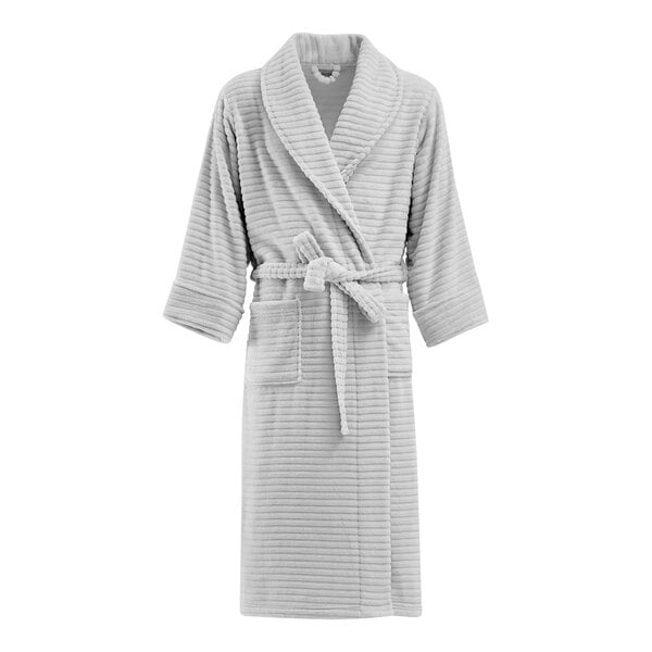 A gray Berkshire Hospitality Repose bath robe with a belt.