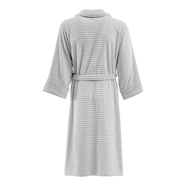A gray ribbed Berkshire Hospitality Repose VelvetLoft bath robe with a belt.