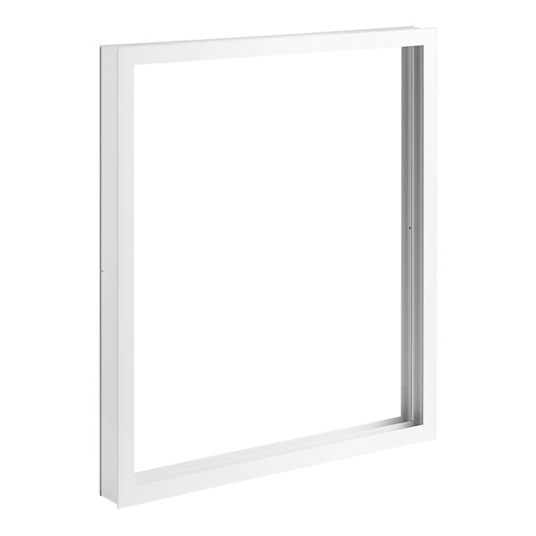 A white rectangular door frame with a window.