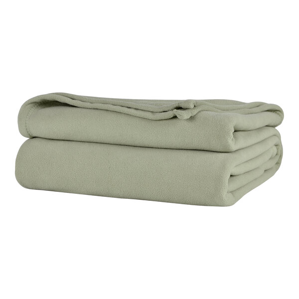 A stack of sage green Berkshire Hospitality Microfleece King Size blankets.