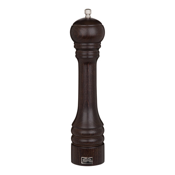 A Trudeau chocolate beechwood pepper mill on a table.