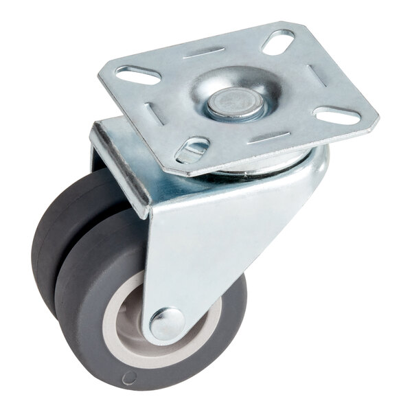 A Galaxy metal caster with rubber wheels and metal plate.