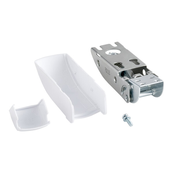 A white plastic Galaxy door hinge assembly with screws.