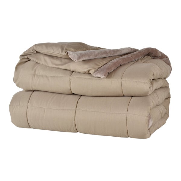 A stack of Berkshire Hospitality twin size mocha down alternative blankets.