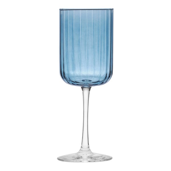 A close-up of a Libbey blue wine glass with a long stem.