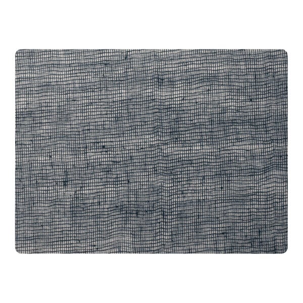 A close-up of a denim blue silicone placemat with a woven linen pattern.