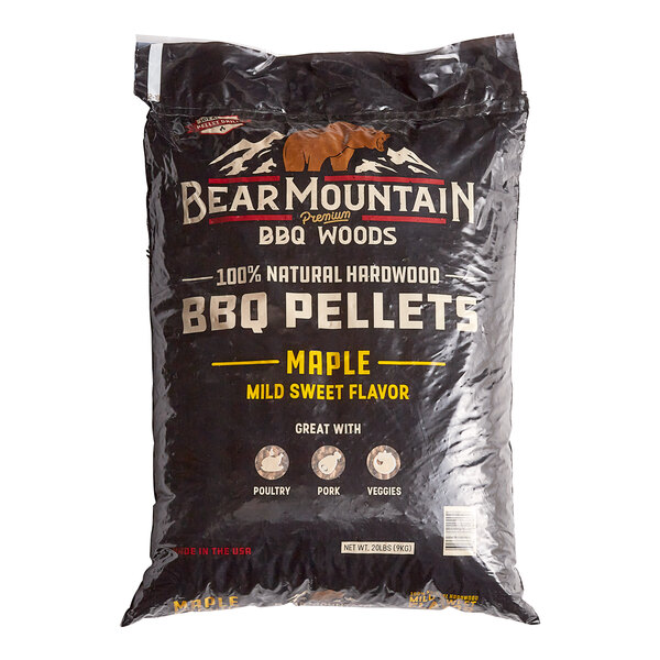 A bag of Bear Mountain 100% natural hardwood maple BBQ pellets.