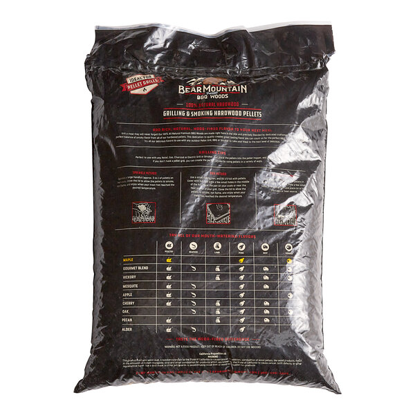 A black bag of Bear Mountain 100% Natural Hardwood Maple BBQ Pellets with white text and images.