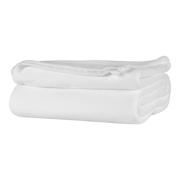 A stack of white Berkshire Hospitality Microfleece King Size Blankets.