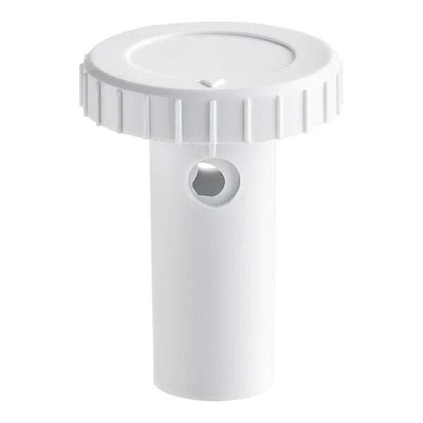 A white plastic round cap with a hole.