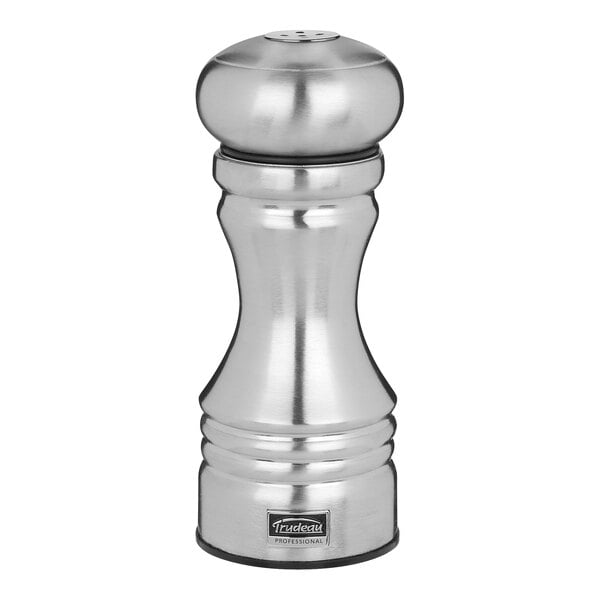 A Trudeau stainless steel salt shaker with a round top.