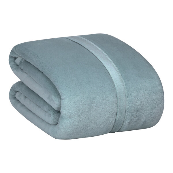 A folded Berkshire Hospitality Serasoft+ twin size blanket in mineral blue.
