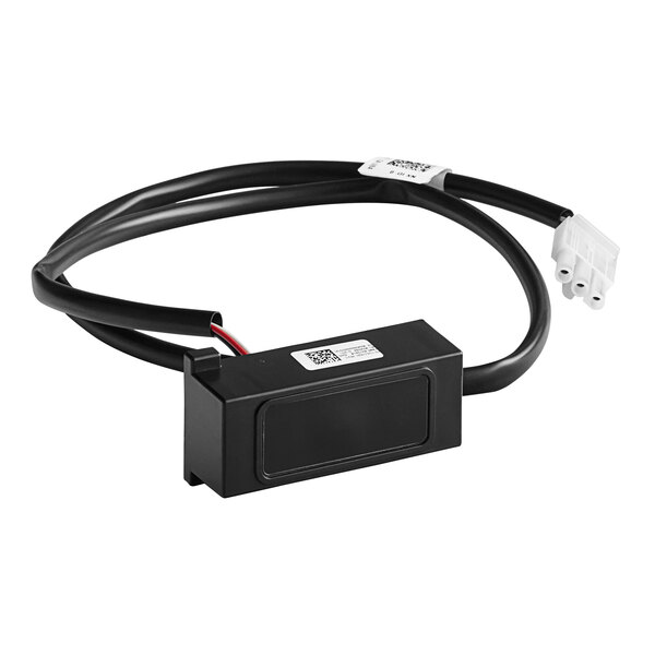 A black rectangular sensor with red and black wires and a white connector.