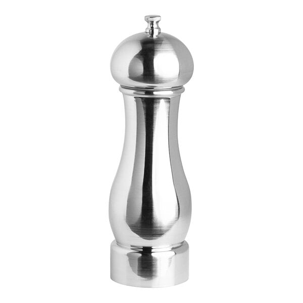 A Trudeau stainless steel pepper mill on a white background.