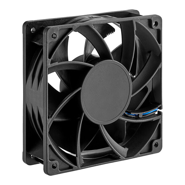 A black Galaxy condenser fan with blue wires.