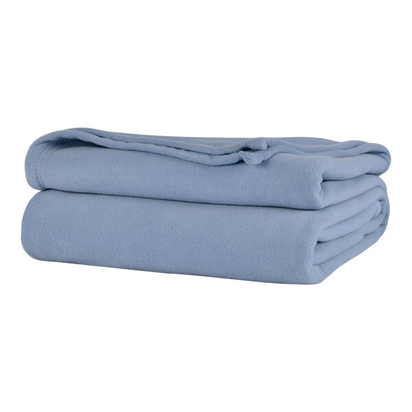 A stack of Berkshire Hospitality periwinkle microfleece blankets.