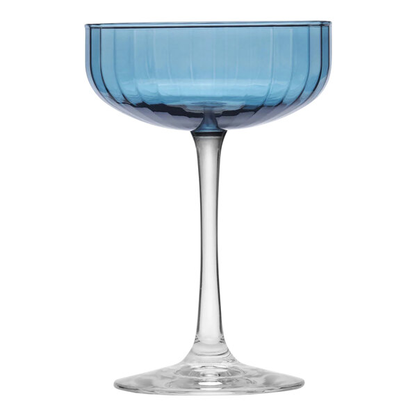 A blue Libbey coupe wine glass with a long stem.