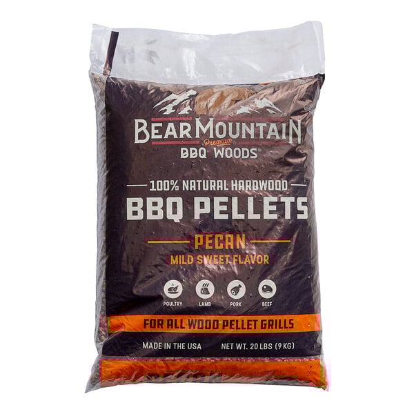 A bag of Bear Mountain 100% Natural Hardwood Pecan BBQ Pellets.