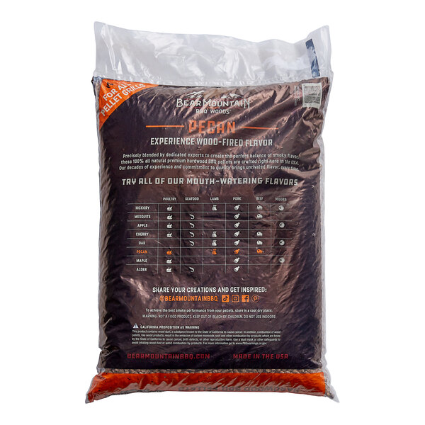 A bag of Bear Mountain Pecan BBQ pellets with brown and orange text on it.
