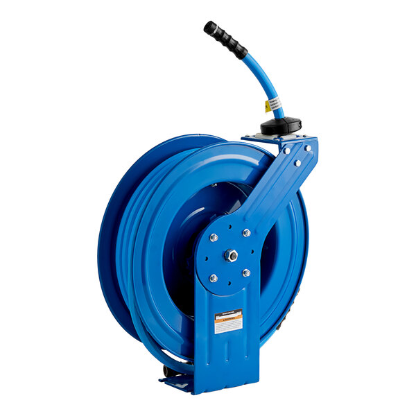 A blue powder-coated steel Regency hose reel with a handle and hose attached.