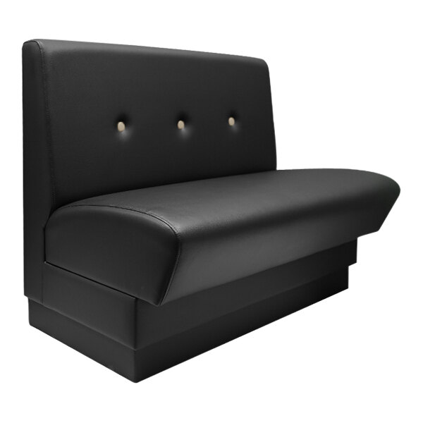 A black leather QA Group booth with button tufted back.