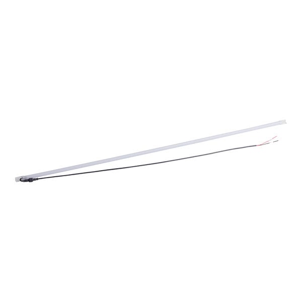 A close-up of a white and silver cable with a long handle.