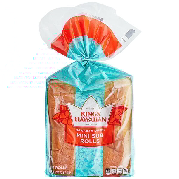 A plastic bag of King's Hawaiian Mini Sub Rolls with a red and blue label.