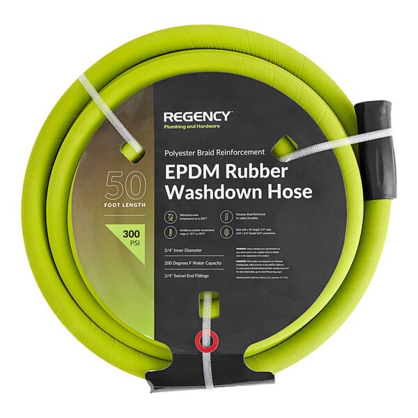 A green Regency EPDM rubber washdown hose with black and stainless steel connections.