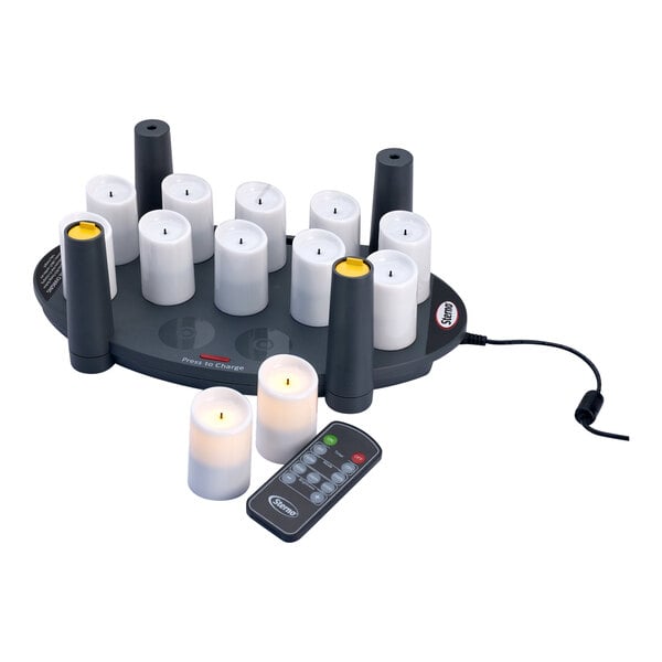 A Sterno 12-piece color-changing rechargeable flameless tea light starter set with a remote control.