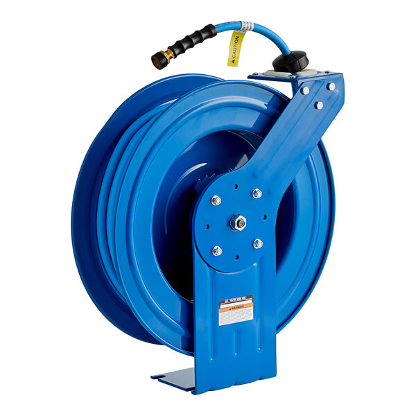 A Regency blue powder-coated steel hose reel with a hose attached.