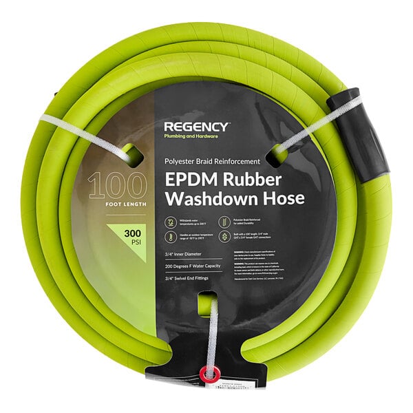 A green Regency EPDM rubber washdown hose with black connections.