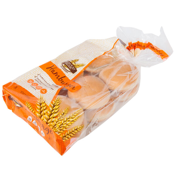 A bag of Harvest Pride hamburger buns on a white background.