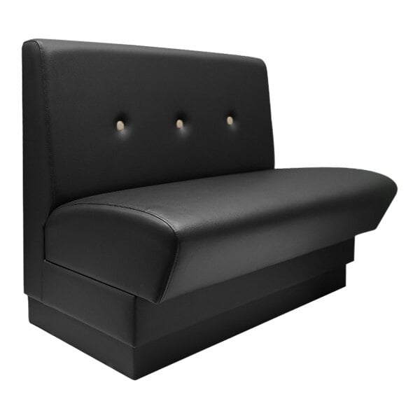A black leather QA Group booth with button tufting on the back.