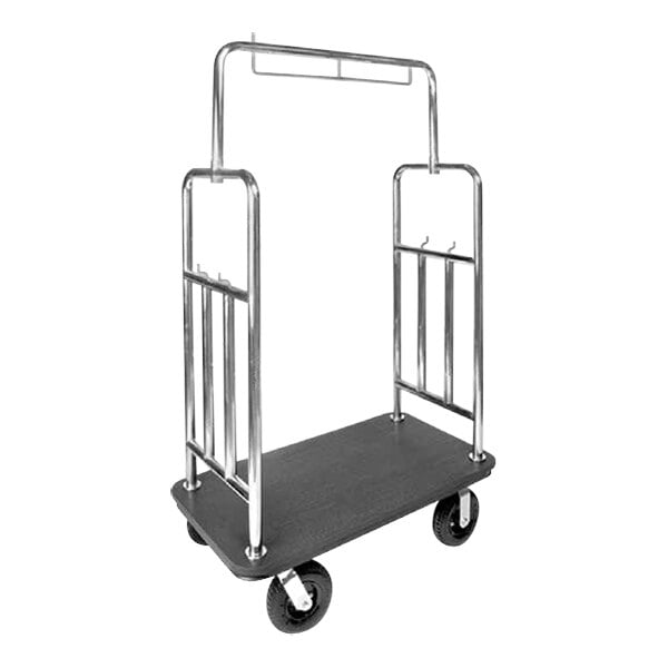 A black metal CSL Town Square customizable bellman cart with wheels and a black surface.