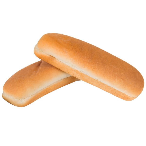 A close up of two Hauswald sliced hot dog buns.