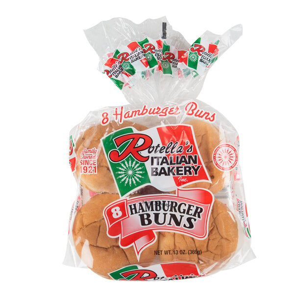 A plastic bag of Rotella's Italian Bakery frozen hamburger buns.