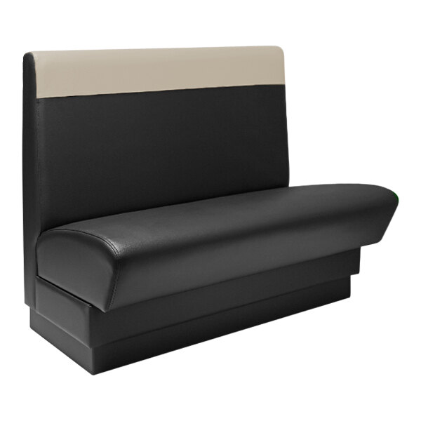 A beige and black restaurant booth with a single back.