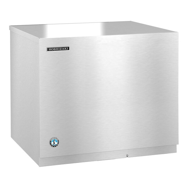 A silver stainless steel Hoshizaki water cooled modular ice machine with a logo.