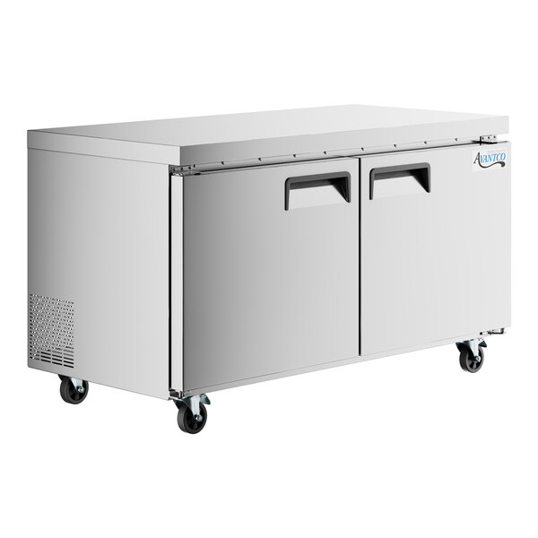 An Avantco stainless steel undercounter freezer with black handles on wheels.